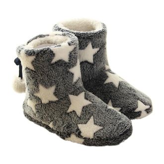 Frcolor Womens Blue Star Pattern Winter Bootie Slippers, Warm Plush Ankle Boots with Thick Sole, Fuzzy Ball Decor, Size L (40/41), Thermal Indoor and Outdoor 