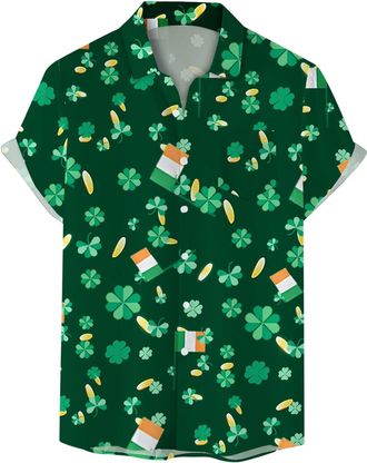 Generic St Patricks Day Hawaiian Shirts for Men Green Clover Shamrock Printed Button Down Shirts Short Sleeve Smart Casual Floral Linen Shirt Green Funny Iris