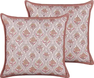 Beliani Conjunto De 2 Cojines De Algod&oacute;n Rojo Claro Blanco 45 X 45 Cm Floral Flecos Picea