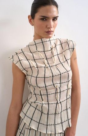 Topshop Pintuck Crinkle Funnel Neck Top in Stone at Nordstrom, Size 10 Us