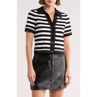Ellen Tracy Stripe Lace Trim Short Sleeve Cardigan in Black/White Stripe at Nordstrom Rack, Size X-Small
