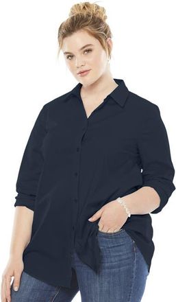 Roaman's Plus Size Kate Long Sleeve Easy Cotton-Blend Button-Front Shirt in Navy at Nordstrom, Size 38