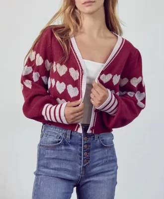 Merci Heart Button-Front Cardigan In Burgundy Lavender Combo