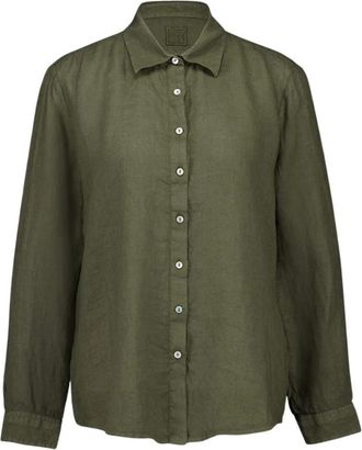 120% Lino Militair Groene Linnen Knoopshirt - Dames - Overhemden - Groen - S - Linnen - Overhemden