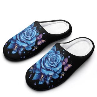 Generic Butterfly Blue Roses Flowers Womens Slippers Warm House Slippers Indoor House Shoes with Anti-Skid Rubber Sole