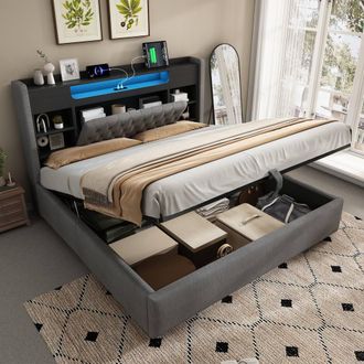 Matteo King Size Upholstered Bed - Hydraulic Storage, LED, USB Charging, Grey