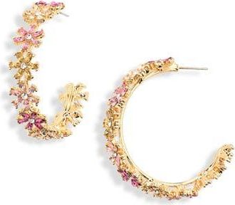 Cara Crystal & Faux Pearl Flower Hoop Earrings in Pink at Nordstrom Rack
