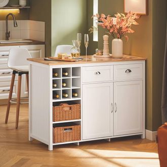 SoBuy Kitchen Island - Natural Wood Top & Rattan Baskets in White