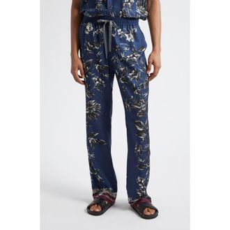 Dolce & Gabbana Peony Print Silk Twill Drawstring Pants in Peonie Blue at Nordstrom, Size 38 Us