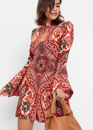 Bonprix Jerseykleid BONPRIX, Damen, Gr. 40/42 (M), N-Gr, rot (rot, beige bedruckt), Obermaterial: 95% Polyester, 5% Elasthan, ausgestellt, Kleider Jerseykleid