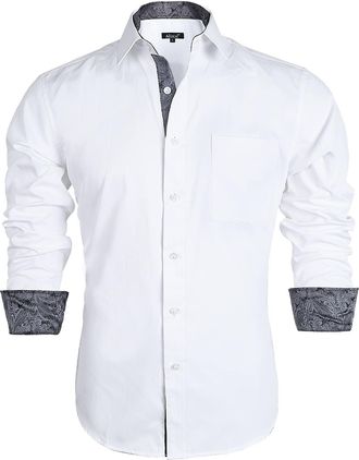 Alizeal Mens Business Slim Fit Dress Shirt Long Sleeve Patchwork Button Closure Shirt, White+Gray-2XL