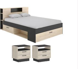 Vente-Unique Cama con cabecero con compartimentos y cajones - 160 x 200 - Color: natural y antracita + Mesas de noche - LEANDRE
