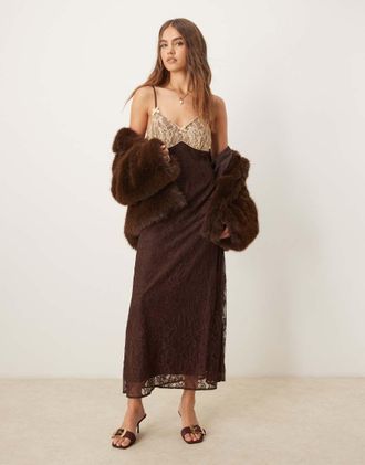 Miss Selfridge maxi slip dress with contrast lace in chocolate-Brown