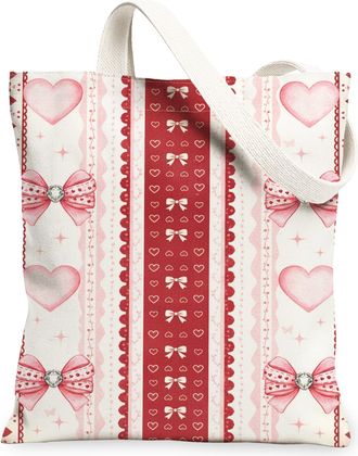 Generic ValentineS Day Heart Canvas Tote Bags, Romantic Bow Pattern Reusable Grocery Bags, Lightweight Washable Shoulder Strap Can, Red, 13x15 Inch