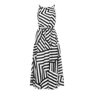 Generic Summer Casual Maxi Dresses for Women UK Fashion Geometric Striped Print Keyhole Neck Sleeveless Belted Dress Vacation Beach Flowy Long Sundress My Ord
