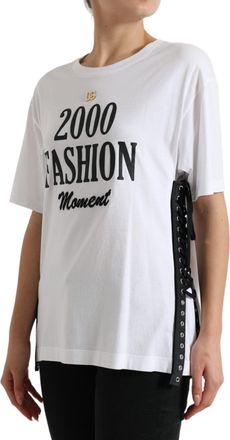 Dolce & Gabbana Womens White Slogan Print Lacing Detailed T-Shirt Cotton