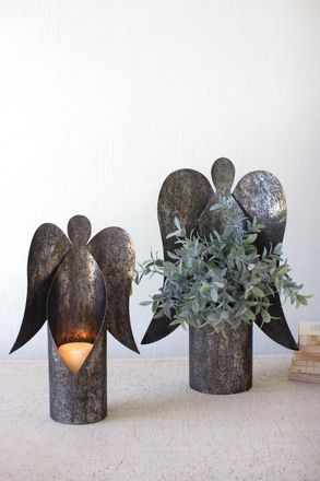 Kalalou Set Of Two Rustic Metal Angel Candle Holders