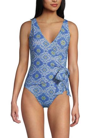 Lands End Chlorine Resistant Side Tie Wrap High Leg One Piece Swimsuit in Lake Blue/egret Geo Floral at Nordstrom, Size 14