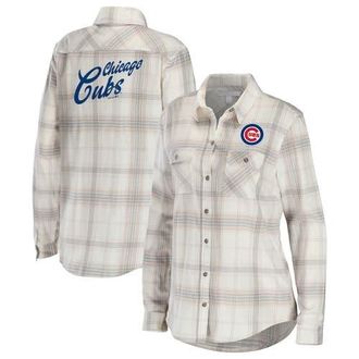 WEAR by Erin Andrews Womens WEAR by Erin Andrews Gray/Cream Chicago Cubs Flannel Button-Up Shirt at Nordstrom, Size Small