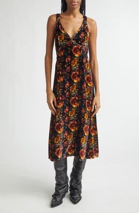 R13 Grunge Floral Velvet Midi Dress in Orange Multi Floral at Nordstrom, Size X-Small