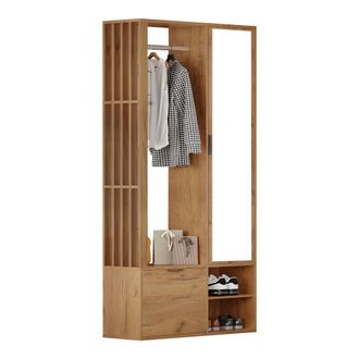 STILVORA Mueble De Entrada Con 2 Armarios Y Espejo, 9 Espacios De Almacenaje, Puerta Abatible, Estilo Minimalista, En Aglomerado, Natural, 100&times;33&times;190 Cm