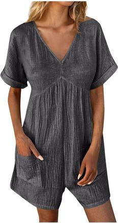 Generic Baggy Overalls for Women Plus Size Jumpsuits One Piece Casual Dungarees Boho Lounge Romper Summer Short Sleeve Beach Vacation Short Playsuits with Poc