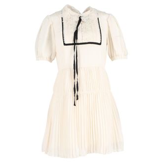 Self Portrait Pleated Lace-Detail Mini Short Sleeve dress in Cream Polyester