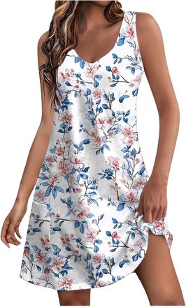 Generic Beach Dresses for Women UK Casual Summer Mini Dress Ladies Sleeveless Tank Dress Floral Print Boho Beach Sundress Elegant Party Vacation Dress Tunic L