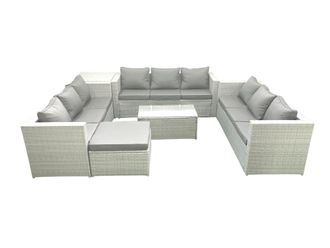 Fimous Rattan Garden Outdoor Furniture Set 10 Seater Garden Sofa Coffee Table Set with Big Footstool Side Table Light Grey Mixed