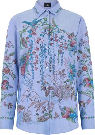 Etro Oxford Katoenen Shirt Met Geplaatste Flora En Fauna Print - Dames - Overhemden - Blauw - XS - Katoen - Overhemden