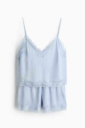 H&M Lace-trimmed Satin Pyjamas in Light Blue at Nordstrom, Size X-Large