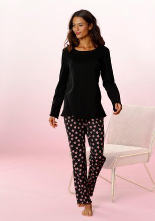 Vivance Pyjama VIVANCE DREAMS, Damen, Gr. 32/34, schwarz (schwarz, pink), Single Jersey, Obermaterial: 100% Baumwolle, gemustert, Basic, bequem lang, Rundhals