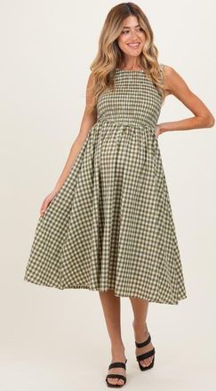 Pinkblush Gingham Smocked Sleeveless Midi Dress in Olive Green at Nordstrom, Size Small