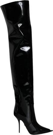 Dolce & Gabbana Kniehoge Laarzen met Logodetails - Dames - Over de knie laarzen - Zwart - 37 EU - Katoen - Schoenen