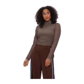 Pom Amsterdam Tops, Dames, Bruin, XS, Leer, Romi Mesh Check Longsleeve