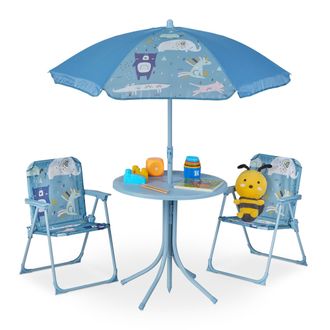 Relaxdays Relaxdays - Mobiliario Infantil Jard&iacute;n, Estampado Animales, Sombrilla De Playa, Sillas Plegables, Mesa Para Ni&ntilde;os, Azul