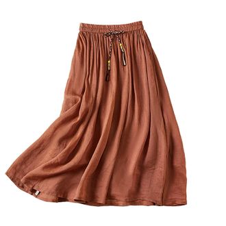 Generic Womens Loose Casual Elasticated Waist Cotton Skirt A Line Mid Length Half Skirt Linen Long