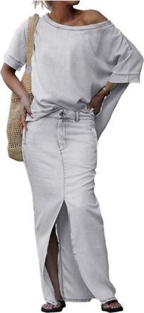 Generic Womens Diagonal Shoulder Top with Split Denim Max Skirt Set,One-shoulder Loose Top with Slit long Skirt Set (White,M)