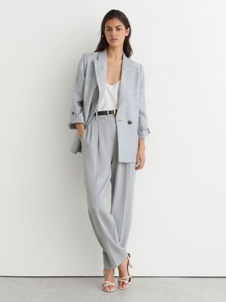 Reiss Pale Blue Petite Linen-blend Textured Double-breasted Blazer, 10