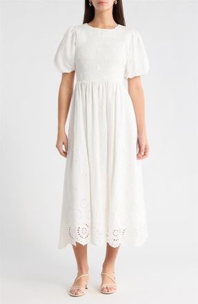 Sugarlips Deana Eyelet Smocked Midi Dress in White at Nordstrom, Size X-Large