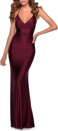 La Femme Empire Waist Dress with Ruching and Lace Up Back in Dark Berry at Nordstrom, Size 12