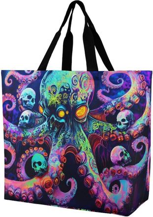 Generic Psychedelic Octopus With Skulls Reusable Shopping Bags Large Capacity Grocery Bag Heavy Duty Tote for Women 40x40x16cm