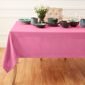 Solino Home Linen Tablecloth for Dining Table, Holiday and Everyday Table Decor - Classic Hemstitch in Flamingo Pink at Nordstrom, Size X-Large