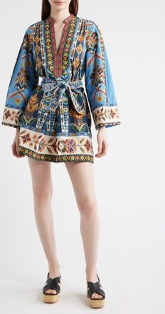 Farm Rio Embroidered Tapestry Long Sleeve Minidress in Blue at Nordstrom, Size Xx-Small