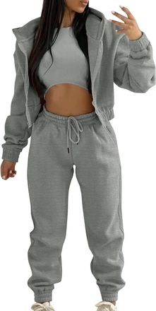 Generic Womens Casual Tracksuit Autumn And Winter Top Vest Pant 3 Piece Set Solid Color Zip Hooded Sweatshirt Pants Casual 3 Piece Set Outfits Hoodie and Swea