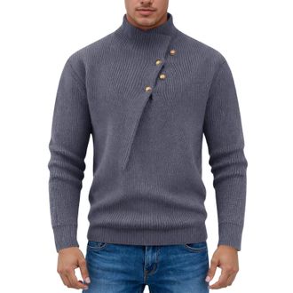 Generic Warm Mens Long Sleeve Jumper - Vintage Casual Work Sweater Solid Colour Irregular Buttons Sweater Chic and Elegant Knitted Loose Pullover Versatile Au