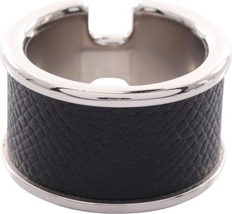 Herm&egrave;s Silver Black Gold Plating Leather Band Ring (Pre-Owned)