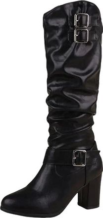 Generic Womens Knee High Boots Round Toe High Chunky Heel Slip On Design With Pleated Shaft And Metal Decoration Vintage Style