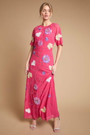 Oasis Womens Angel Sleeve Statement Embellished Maxi Dress - Pink