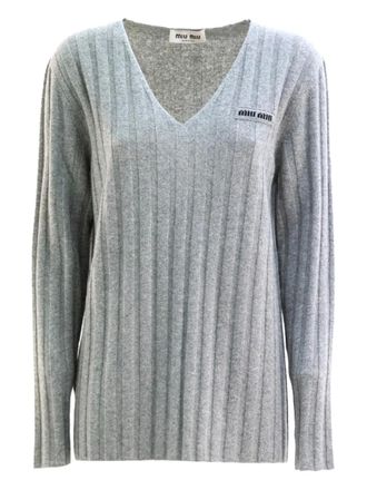 Miu Miu V-neck ribbed sweatshirt - Grigio